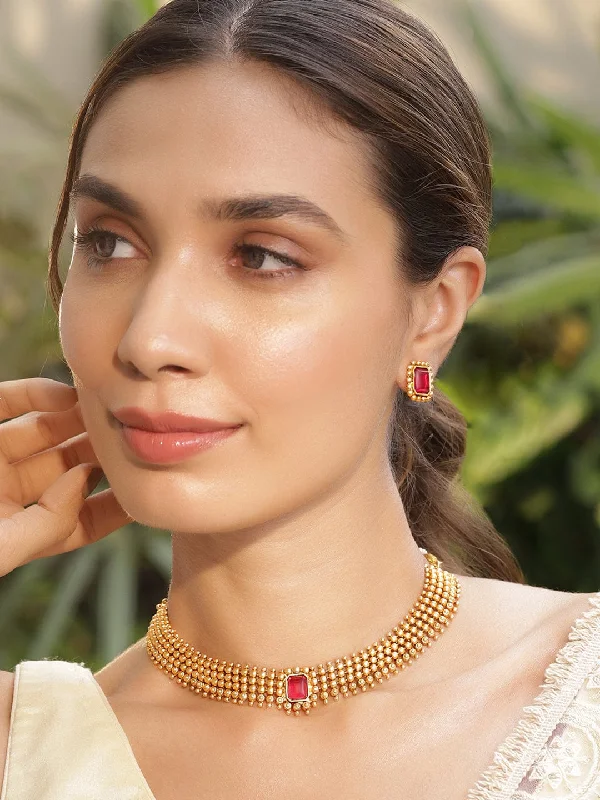 Elegant Jewelry, Exclusive Prices – Shop Now 22KT Gold Plated Brass Ruby Stone Studded Intricate Necklace With Earrings Set Elegant Jewelry, Exclusive Prices – Shop Now 22KT Gold Plated Brass Ruby Stone Studded Intricate Necklace With Earrings Set