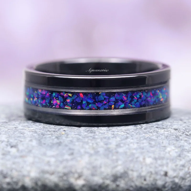 Discounted Luxury Jewelry – Shine Without The Splurge Starry Night & Blue Fire Opal Wedding Band- 8MM Black Tungsten Discounted Luxury Jewelry – Shine Without The Splurge Starry Night & Blue Fire Opal Wedding Band- 8MM Black Tungsten