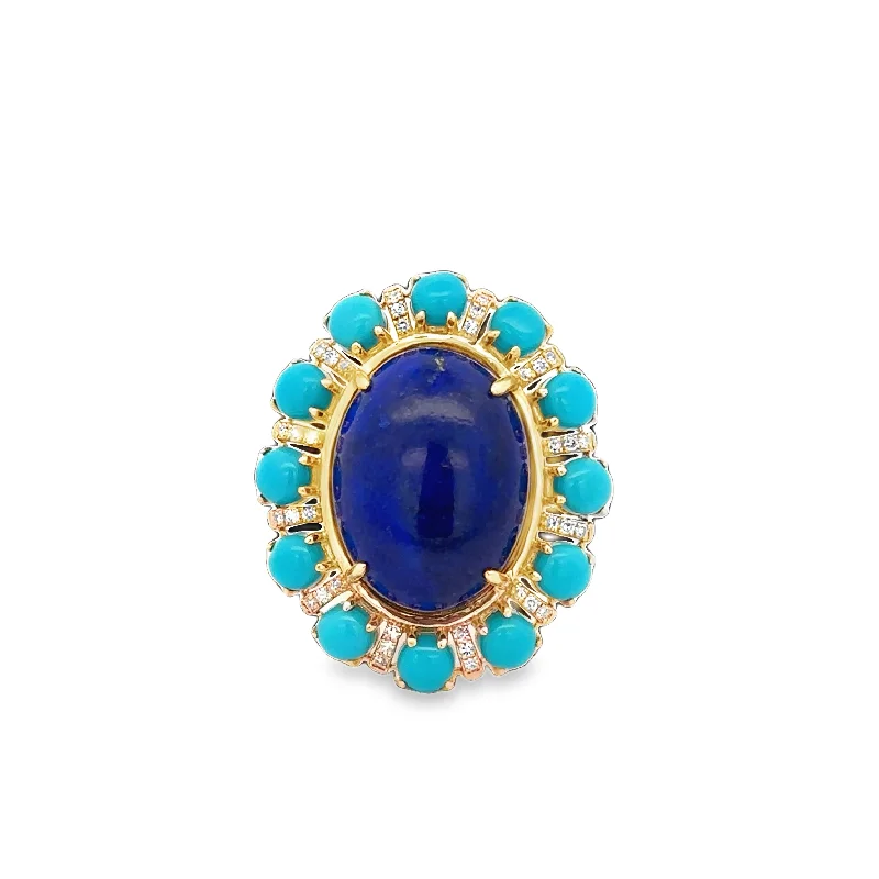 Handcrafted Beauty At Affordable Prices Statement Lapis and Turquoise Ring in Yellow Gold Handcrafted Beauty At Affordable Prices Statement Lapis and Turquoise Ring in Yellow Gold