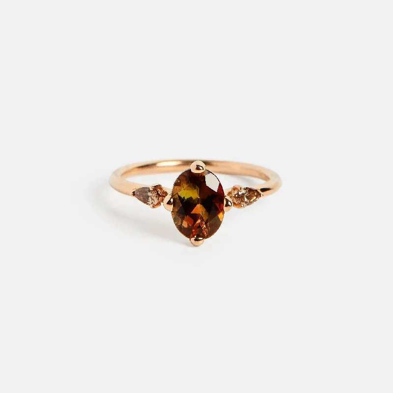 Dainty Floral Jewelry For Feminine Elegance Three Stone Veli Ring with Andalusite and Cognac Diamonds in Gold Dainty Floral Jewelry For Feminine Elegance Three Stone Veli Ring with Andalusite and Cognac Diamonds in Gold