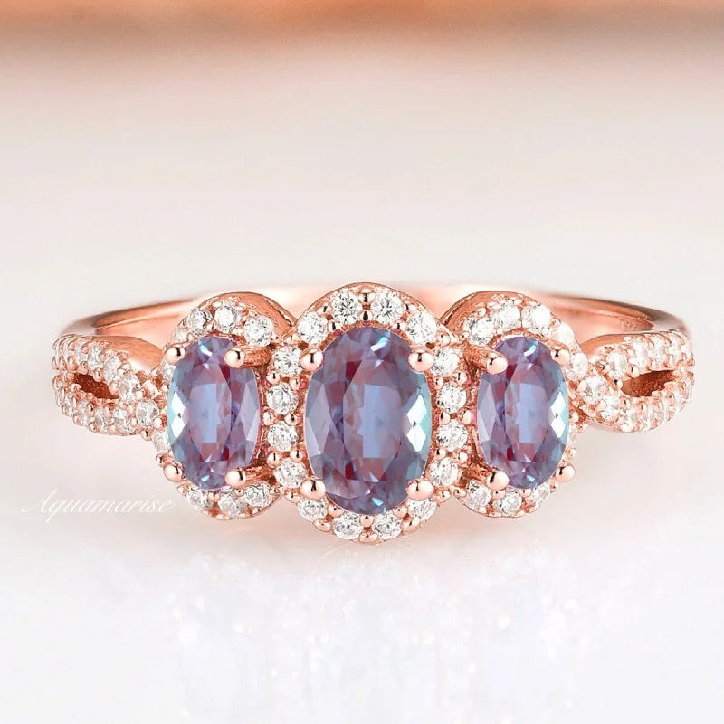 Beautiful Jewelry, Breathtaking Discounts – Hurry In Trio Alexandrite Ring- 14K Rose Gold Vermeil