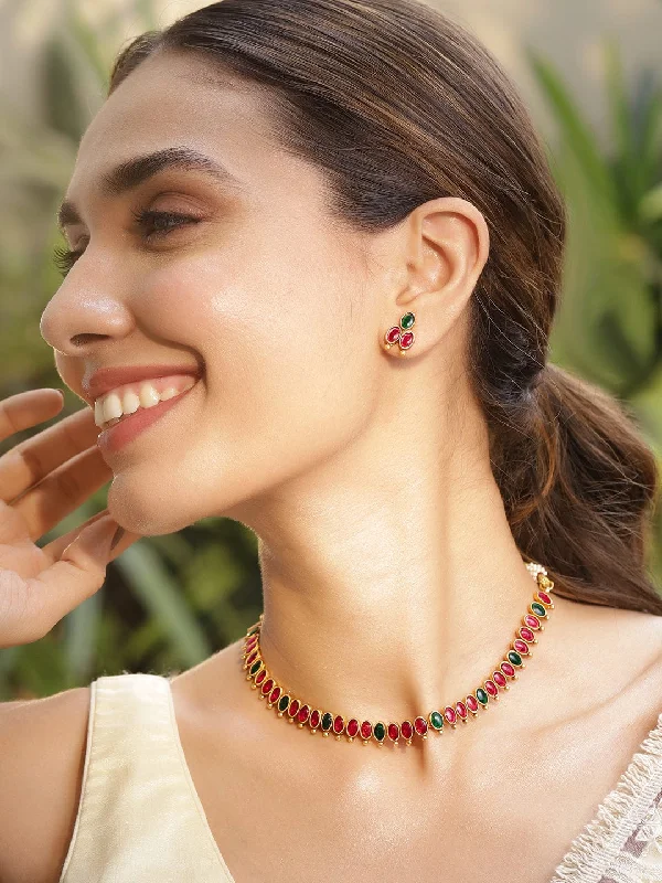 Affordable Luxury Jewelry For Every Occasion Women 22KT Gold Plated Brass Red And Green Stone Studded Jewellery Set Affordable Luxury Jewelry For Every Occasion Women 22KT Gold Plated Brass Red And Green Stone Studded Jewellery Set
