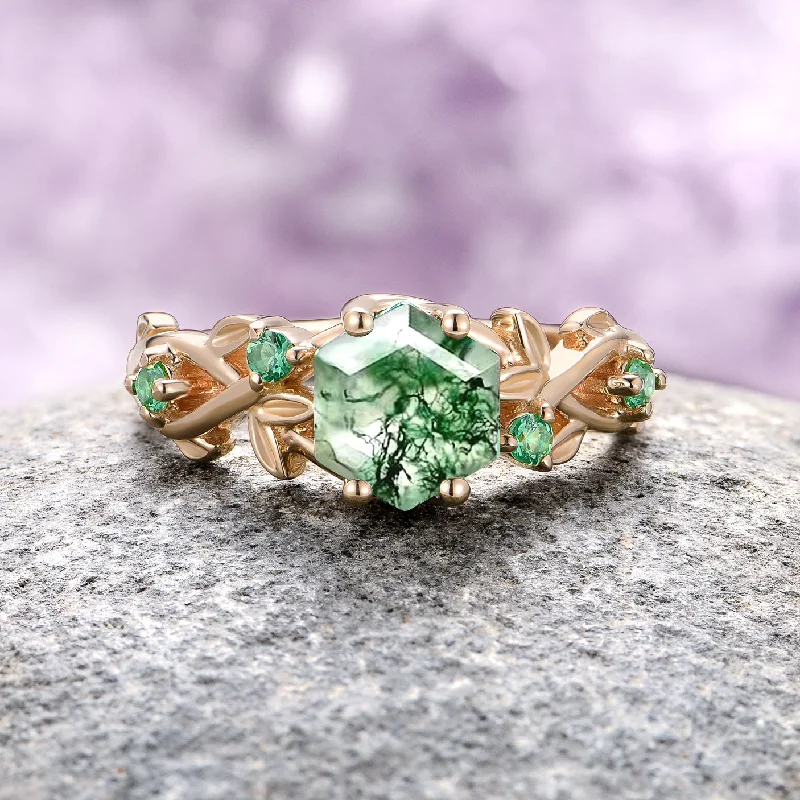 Personalized Jewelry At Special Discount Rates Woodland Green Moss Agate & Emerald Leaf Engagement Ring- 14K/ 18K Solid Yellow Gold Personalized Jewelry At Special Discount Rates Woodland Green Moss Agate & Emerald Leaf Engagement Ring- 14K/ 18K Solid Yellow Gold